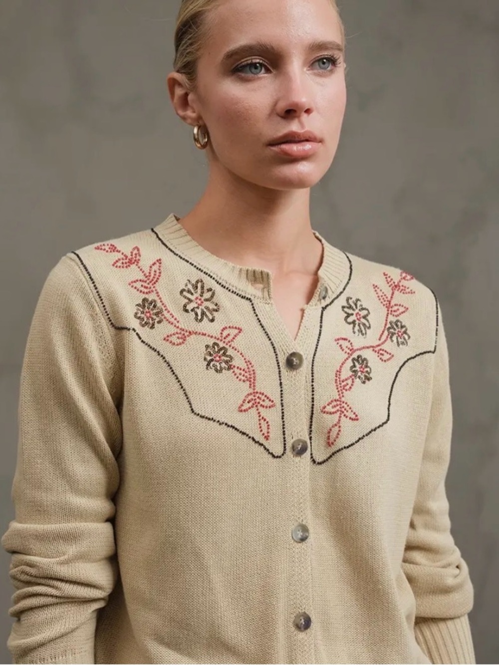 Cream Floral-Embroidered Button Cardigan Sweater